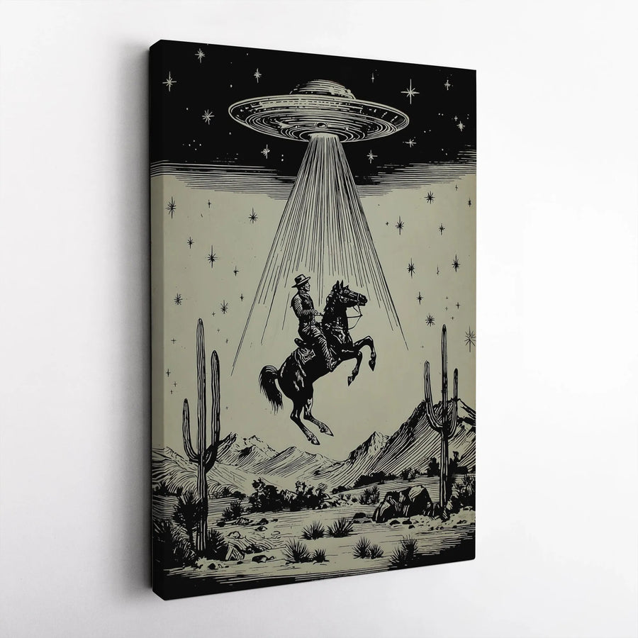 Alien Abduction Cowboy Canvas Print | Vintage Western Sci-Fi Art | Gallery-Quality 1.25-Inch Profile | Unique Gift for Western & Space Fans