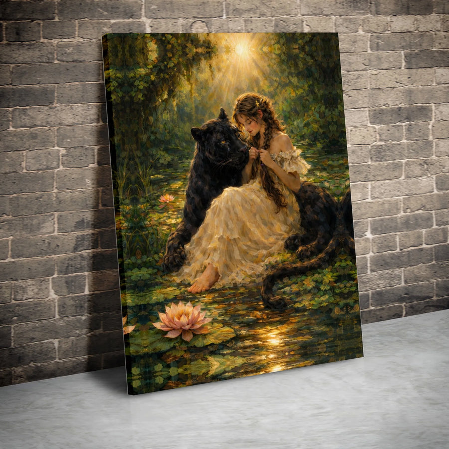 Black Panther and Woman Canvas Art | Enchanted Jungle Scene with Water Lilies | Premium Canvas Print | Collector's Fantasy Home Decor