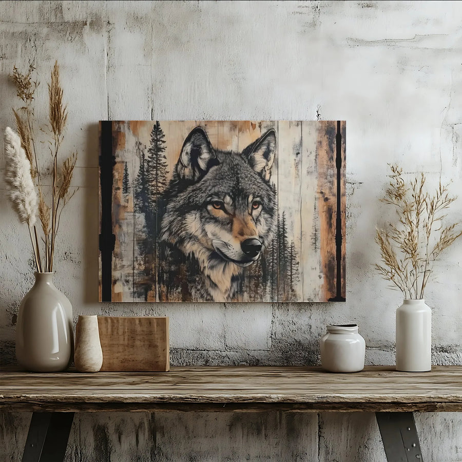Rustic Wolf Canvas Wall Art | Pine Forest Wilderness Portrait | 1.25 Inch Thick Gallery Wrap | Nature Home Decor Gift For Wildlife Lovers