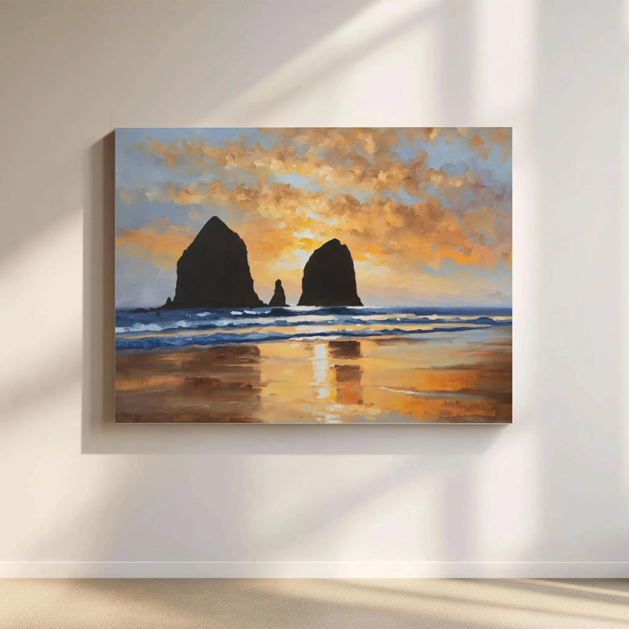 Cannon Beach Canvas Wall Art | Oregon Coast Sunset Painting Print | Gallery Wrapped Premium Canvas | Pacific Northwest Coastal Home Decor Gift