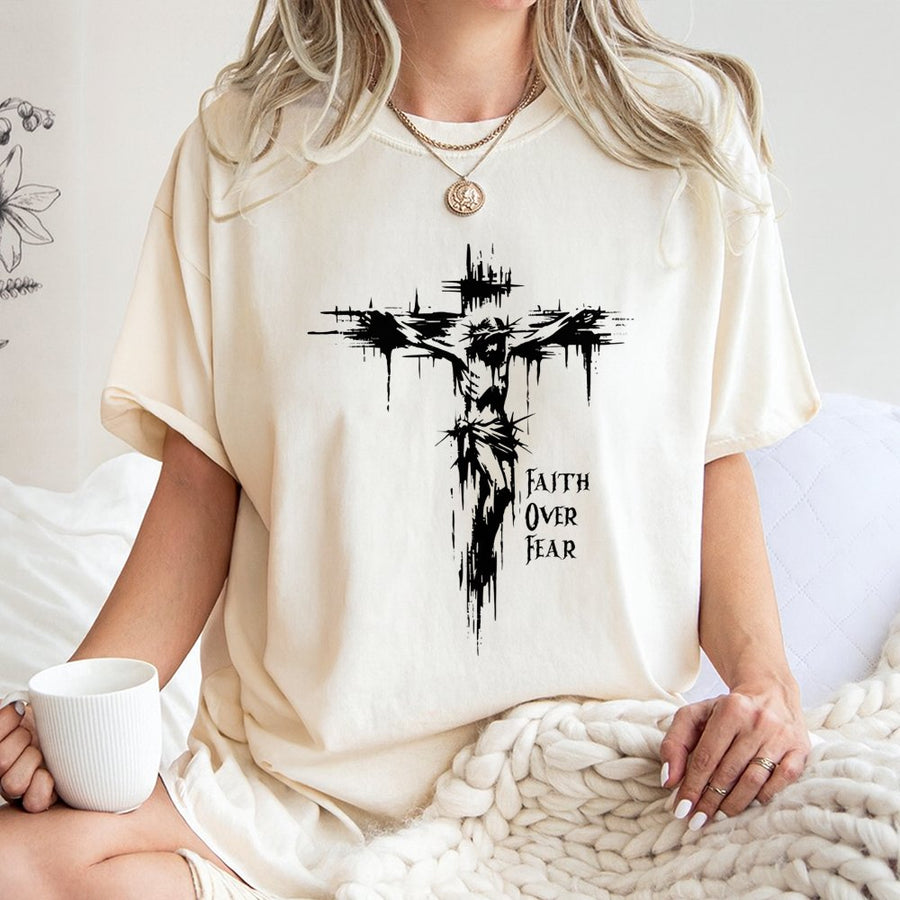 Faith Over Fear Cross T-Shirt | Distressed Graphic Religious Tee | 100% Cotton Premium Quality | Christian Inspirational Gift for Men and Women