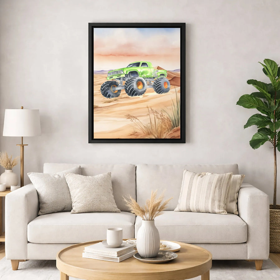 Monster Truck Canvas Wall Art | Watercolor Desert Off-Road Design | Premium Fade-Resistant Gallery Print | Boy Bedroom Decor Gift