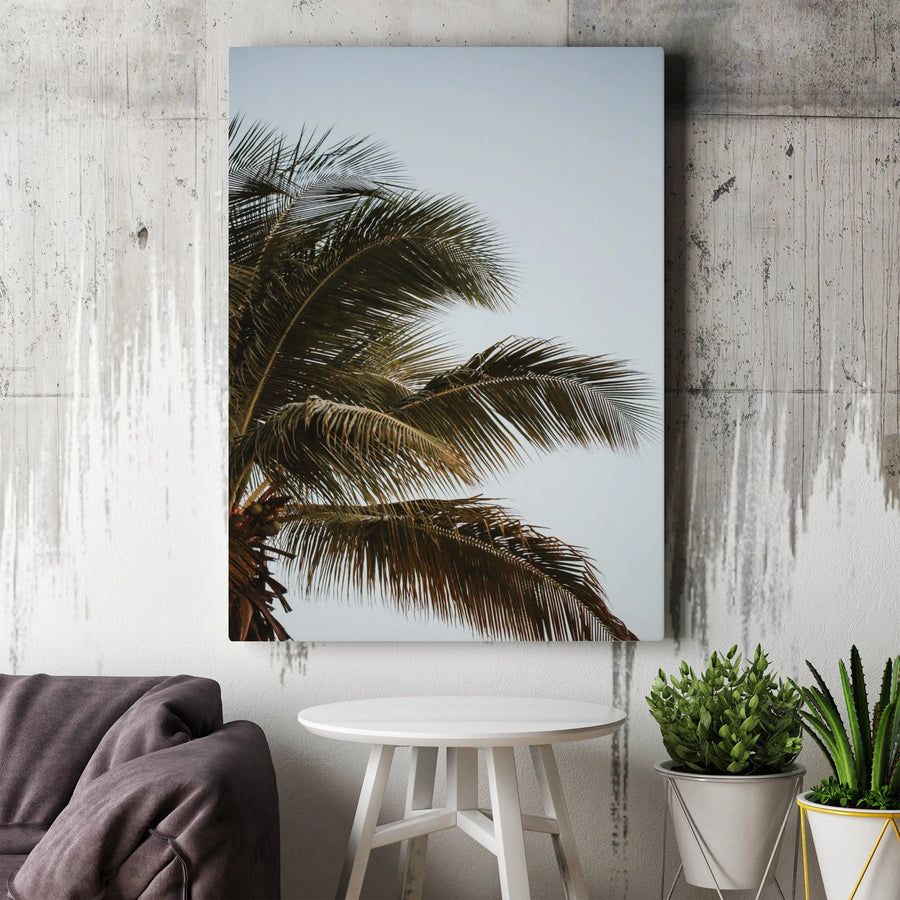 Palm Tree Vertical Canvas | Minimalist Tropical Beach Photography | 1.25" Thick Gallery Wrap | Modern Coastal Home Decor Gift