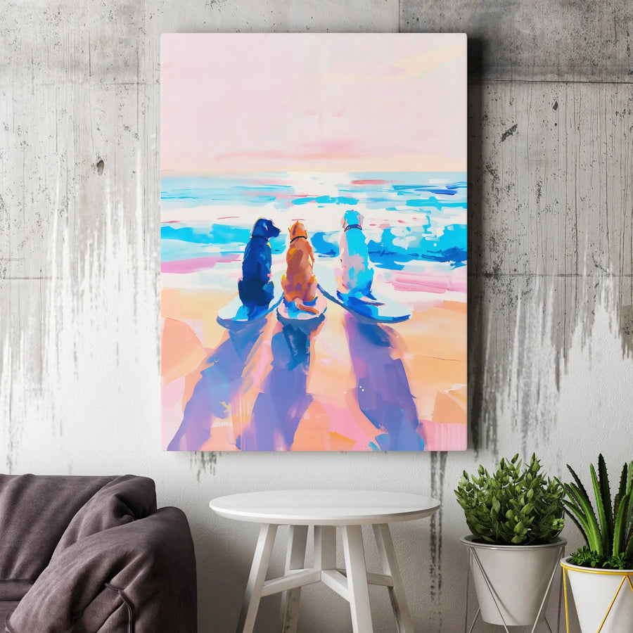 Dog Surfer Beach Canvas Art | Abstract Coastal Three Dogs Print | 1.25-Inch Premium Gallery Wrap | Home Decor Gift for Dog Lovers
