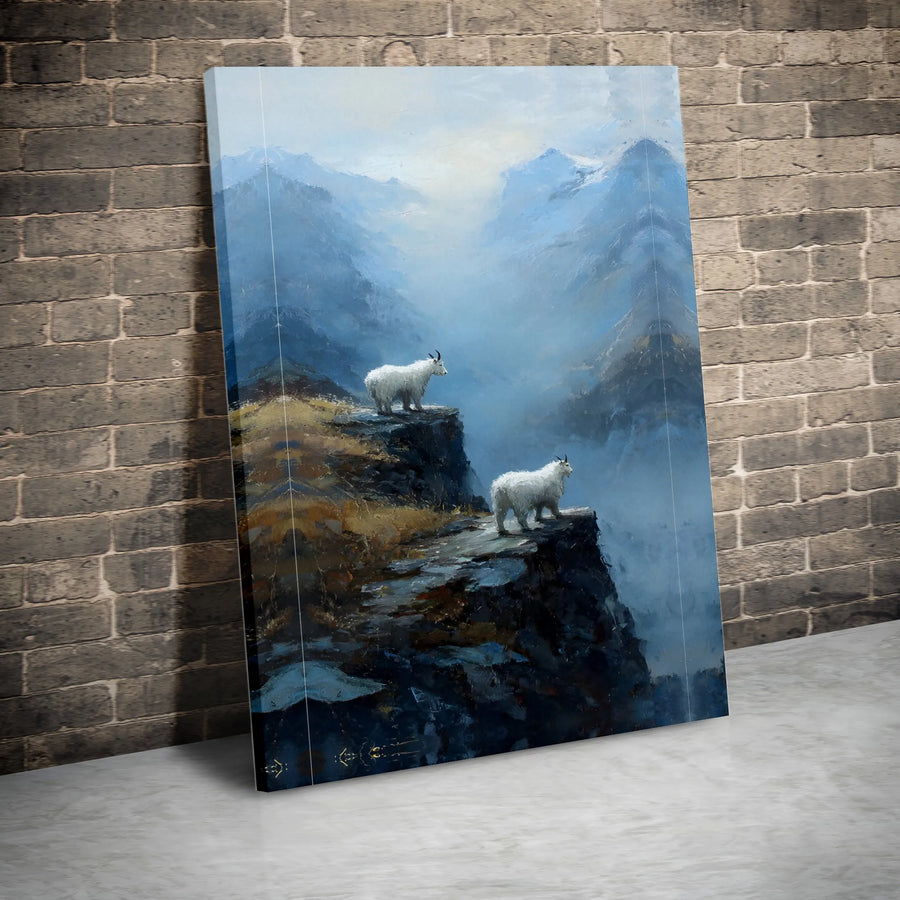 Mountain Goat Wall Art | Majestic Misty Cliff Landscape Painting | Gallery-Quality 1.25" Thick Canvas Print | Nature Lover Home Decor Gift