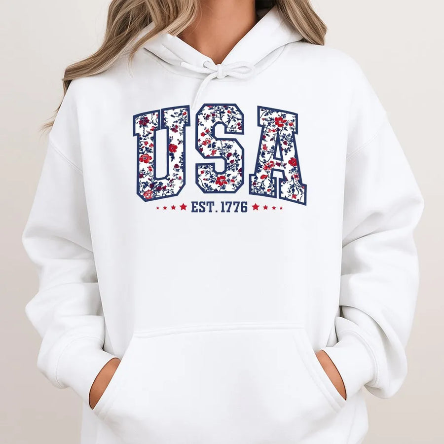 Fourth of July USA Hoodie | Vintage Floral Print Est. 1776 | Premium Comfort Colors Cotton | Patriotic Gift for Her, American Pride Apparel