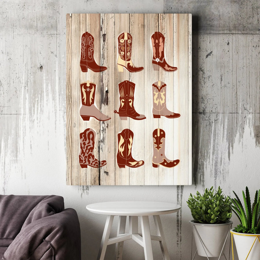 Western Cowboy Boots Canvas Wall Art | Rustic Farmhouse Wood Print | Premium Gallery Wrap Decor | Country Home Decor Gift for Cowgirl