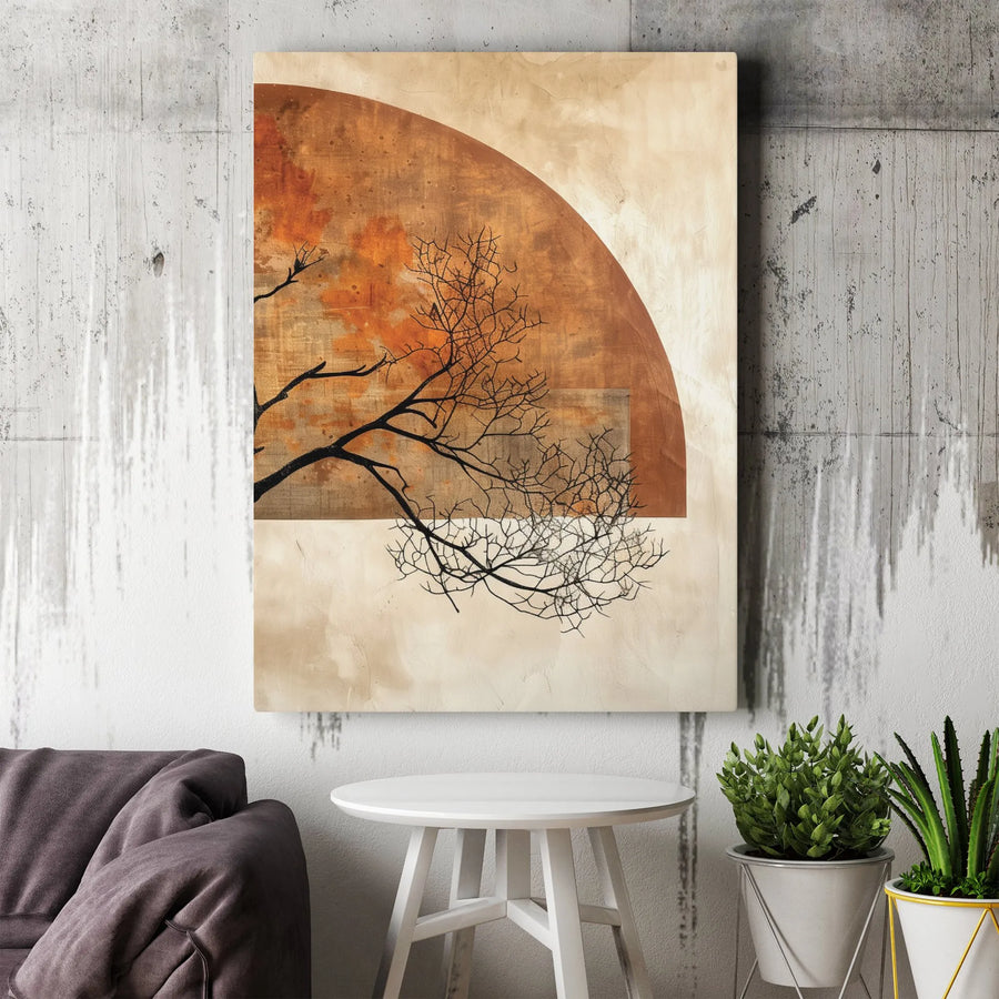 Abstract Tree Canvas Wall Art | Modern Geometric Silhouette with Rust Orange Sun | Premium Fade-Resistant Print | Japandi Inspired Living Room Decor Gift