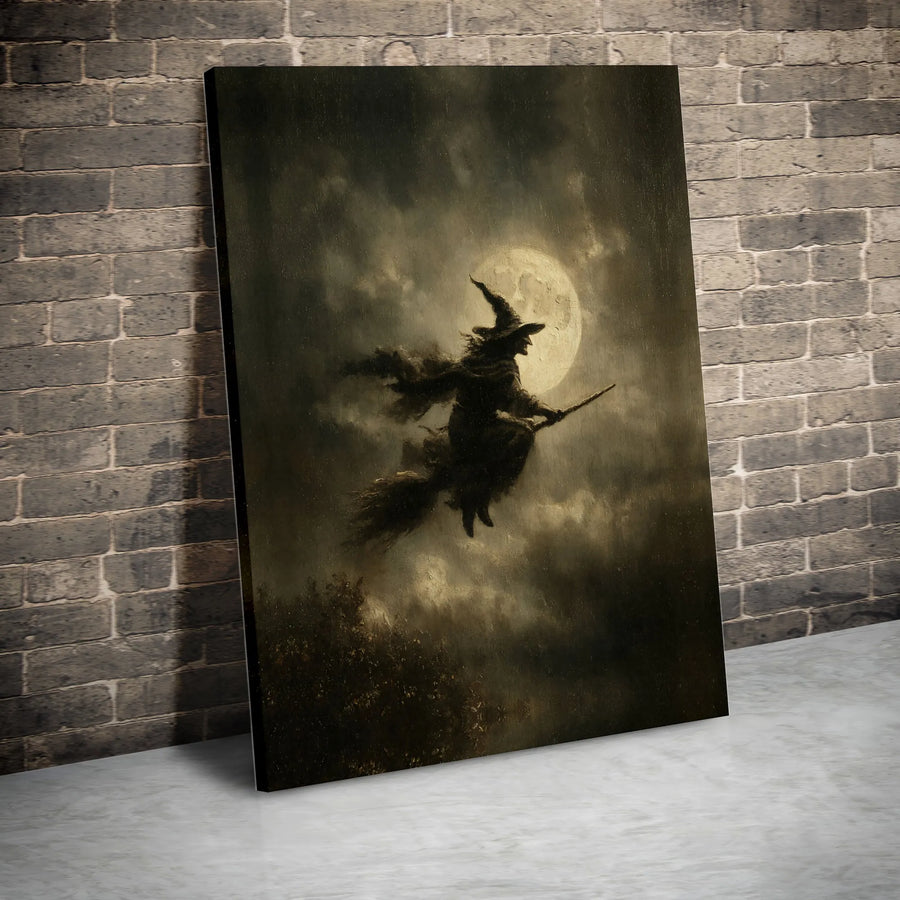 Witch Flying Wall Art | Gothic Full Moon Silhouette Print | Premium Gallery Wrapped Canvas | Spooky Halloween Home Decor Gift