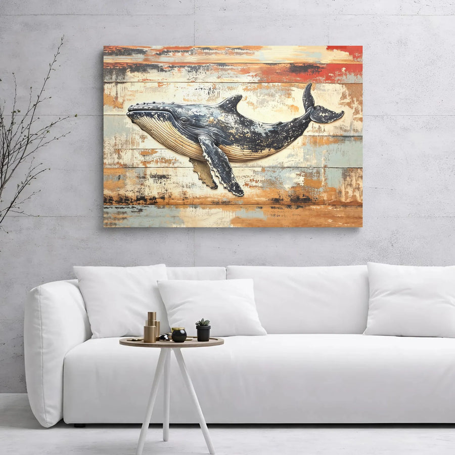 Humpback Whale Canvas Wall Art | Rustic Distressed Wood Design | Premium Gallery Wrap Print | Coastal Home Office Decor Gift