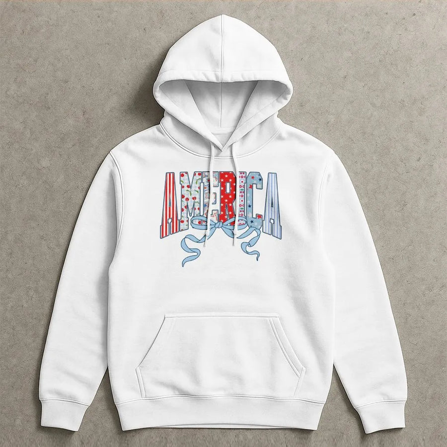 Coquette 4th of July Hoodie | Retro America Bow Graphic | Soft Cotton USA Tee | Cute Patriotic Independence Day Gift for Her