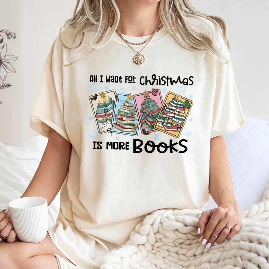 All I Want For Christmas Is More Books T-Shirt | Book Stack Tree Graphic | Premium Soft Cotton | Librarian Reader Holiday Gift