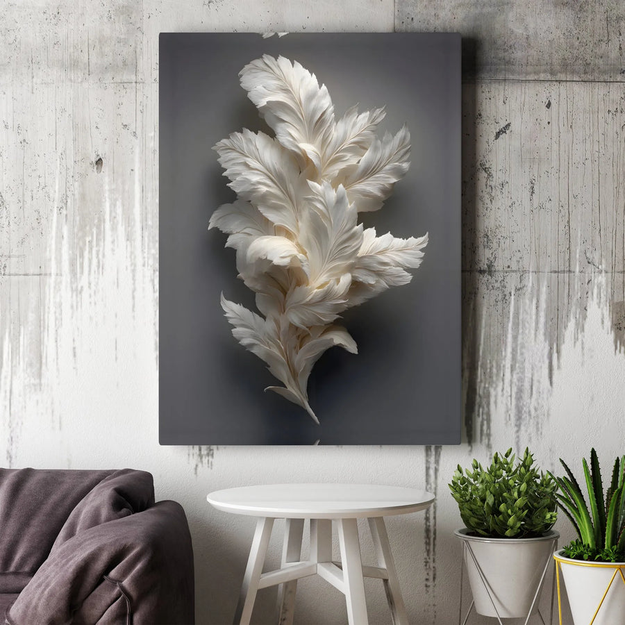 White Feather Canvas Wall Art | 3D Abstract Plume Print | Premium Gallery Wrap Decor | Minimalist Modern Home Office Gift