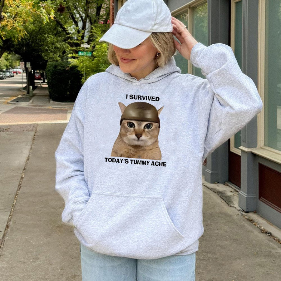 I Survived Today's Tummy Ache Hoodie | Funny Cat Meme Graphic Sweatshirt | Premium Cotton Blend | Gift for Cat Lovers & Gen Z Humor Fans