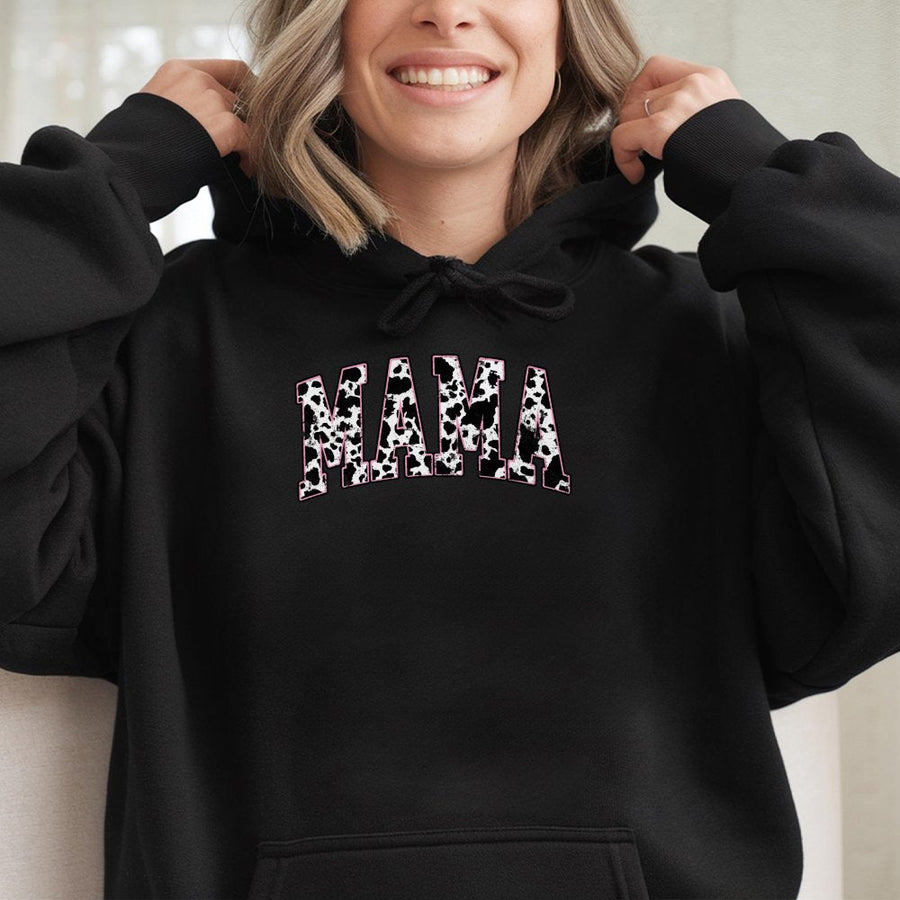Mama Hoodie Cow Print | Retro Western Varsity Lettering | Premium Cotton-Poly Blend | Cute Gift For Mom, Cowgirl, Mother's Day 2026