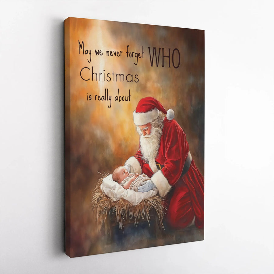 Santa Kneeling to Baby Jesus Canvas | Religious Christmas Wall Art | Premium Gallery Wrap Decor | Meaningful Christian Holiday Gift