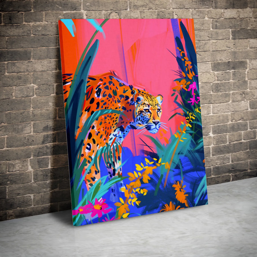Vibrant Jungle Jaguar Canvas Art | Colorful Tropical Big Cat Wall Decor | Premium Fade-Resistant Gallery Wrap | Modern Wildlife Gift for Home