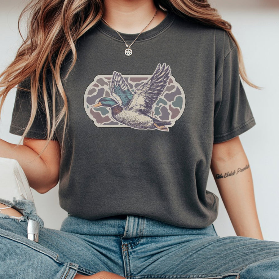 Flying Mallard T-Shirt | Vintage Duck Camo Graphic Print | 100% Cotton Premium Crewneck | Wildlife Outdoor Gift for Hunters and Bird Lovers