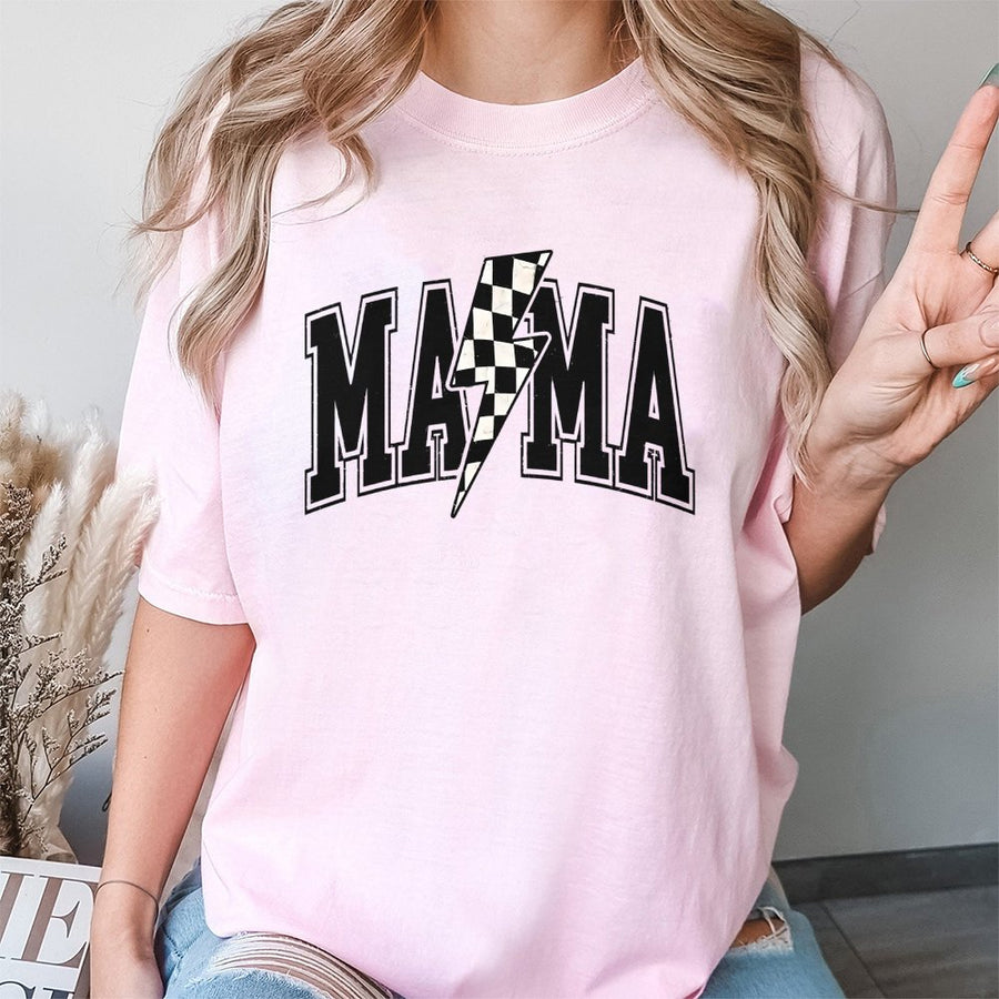 Mama T-Shirt | Retro Checkered Lightning Bolt Graphic | Premium 100% Cotton Tee | Trendy Mom Gift for Mother's Day 2026 and Birthday