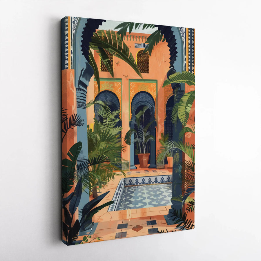 Moroccan Riad Canvas Wall Art | Tropical Courtyard Pool Illustration | Premium 1.25-Inch Gallery Wrap | Bohemian Home Decor Gift