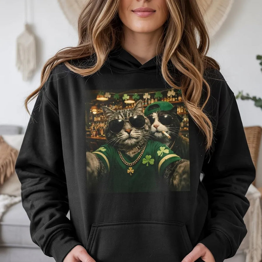 St. Patrick's Day Cat Hoodie | Funny Irish Selfie Graphic Design | Premium Cotton Blend | Gift For Cat Lovers & Party Goers