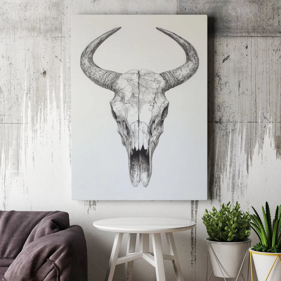 Bull Skull Wall Art Canvas | Western Pencil Sketch Illustration | 1.25 Inch Gallery Wrap | Southwestern Home Decor Gift
