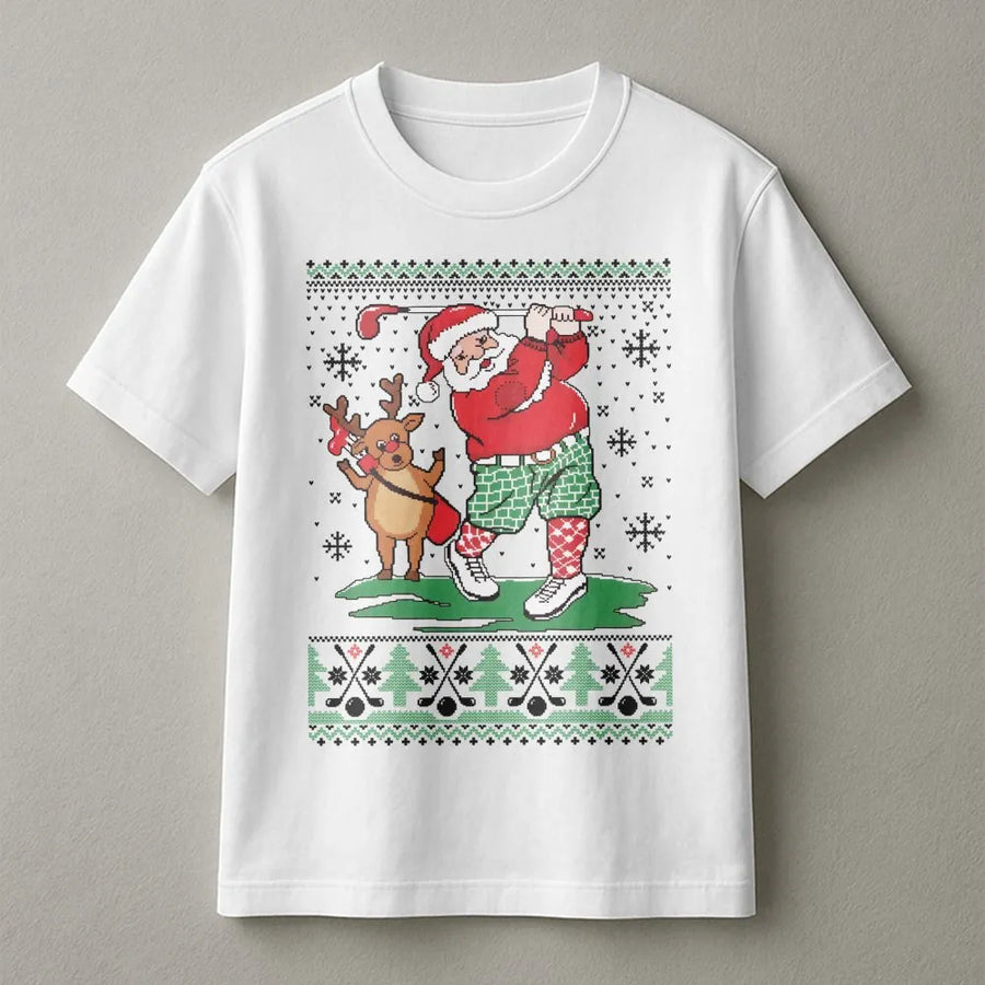 Santa Golfing Ugly Christmas T-Shirt | Reindeer Caddy Graphic Design | Premium Soft Cotton Tee | Funny Holiday Gift for Golfers Men Women