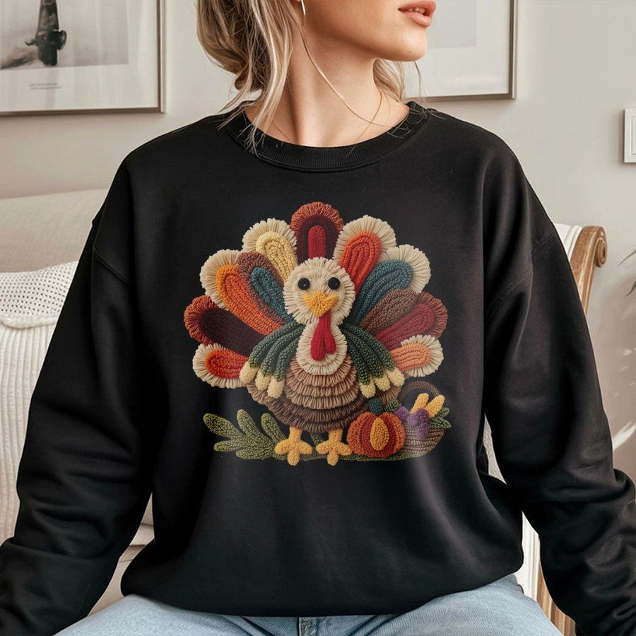 Thanksgiving Turkey Sweatshirt | Textured Yarn Look Graphic | Premium Cotton Blend | Cozy Fall Apparel Gift for Men and Women