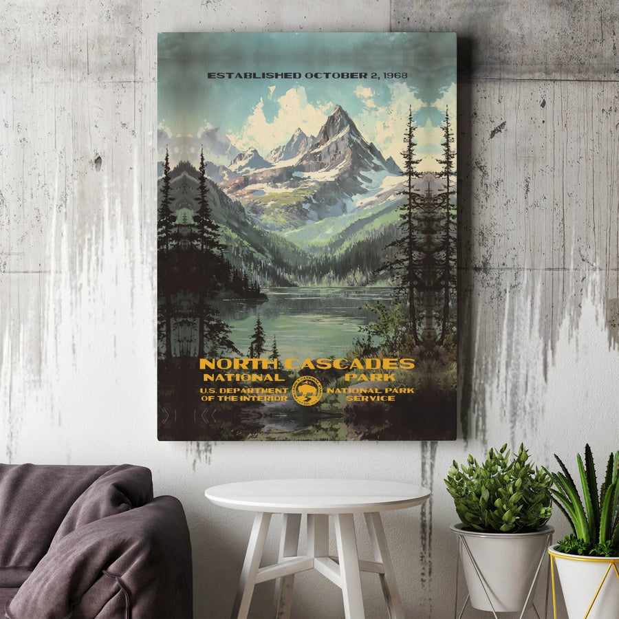 North Cascades National Park Canvas | Vintage Style Mountain Landscape Wall Art | Gallery Wrapped Premium Decor | Nature Lover Anniversary Gift