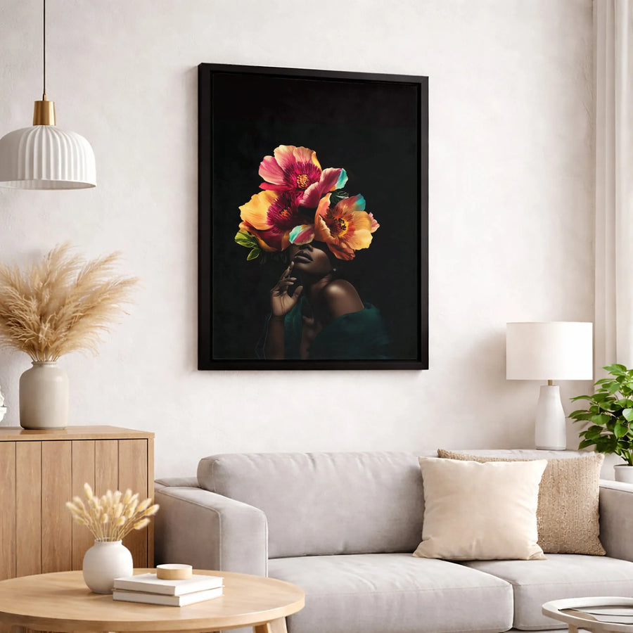 Black Woman Floral Portrait Canvas | Vibrant Botanical Surrealism Wall Art | Gallery-Quality Fade-Resistant Print | Premium Home Decor Gift