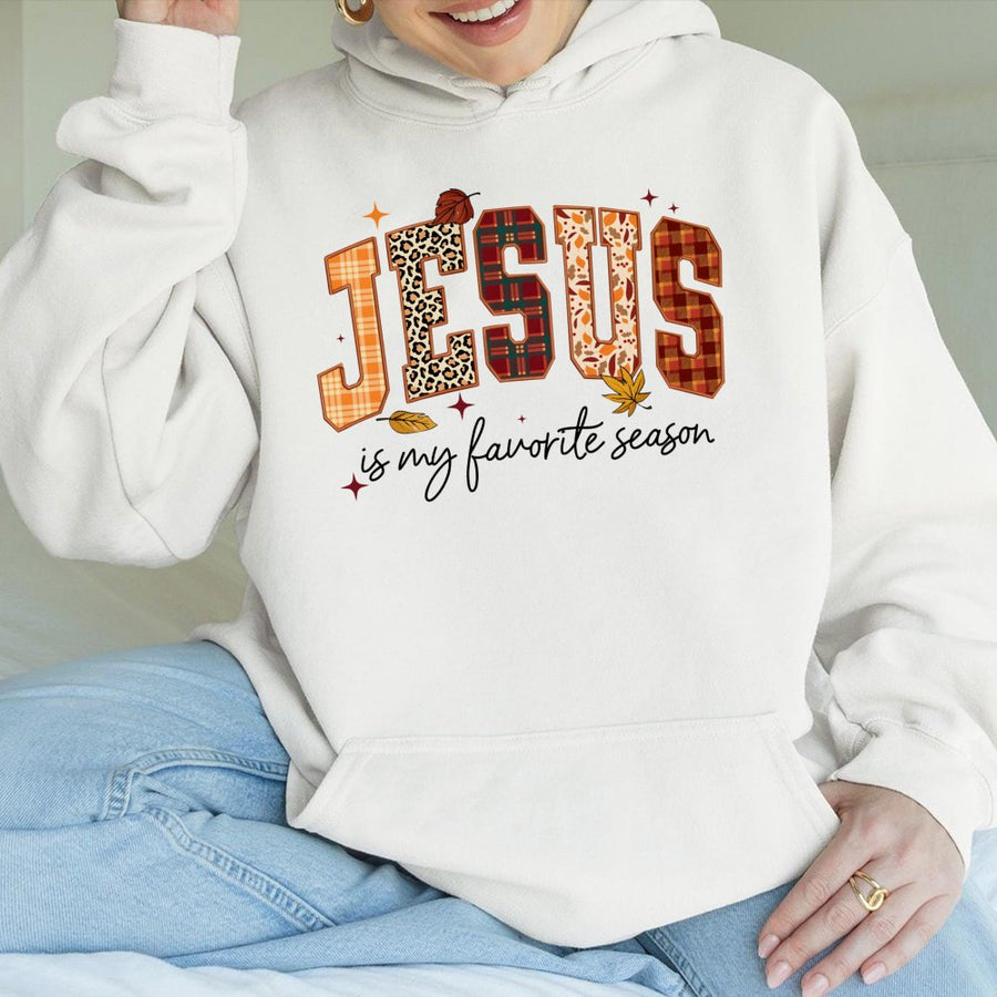 Jesus Is My Favorite Season Hoodie | Autumn Plaid Leopard Faith Graphic | Premium Cotton Blend | Christian Thanksgiving Gift for Women