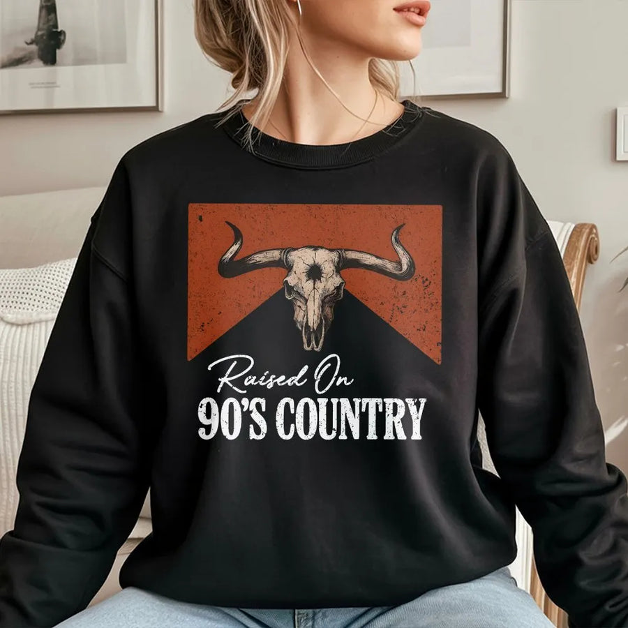Raised On 90s Country Sweatshirt | Vintage Western Cow Skull Graphic | Soft Cotton Blend | Gift for Country Music Fan, Retro Cowboy Apparel