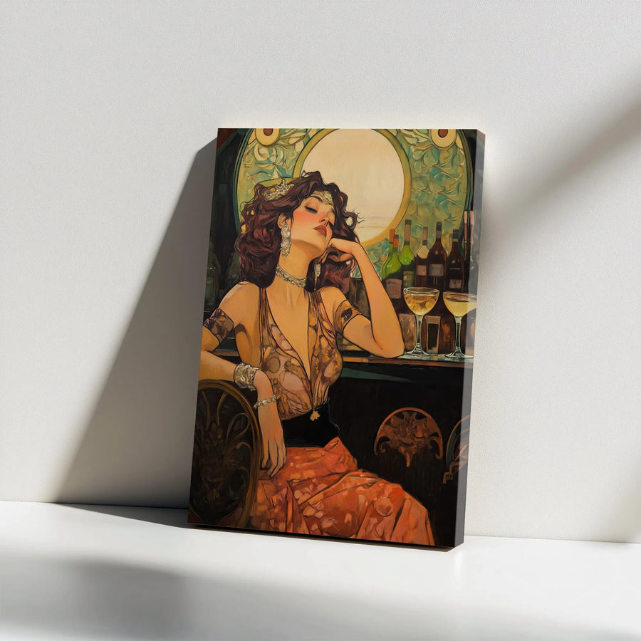 Art Nouveau Woman Wall Art | Retro Bar Portrait Canvas Print | Gallery-Wrapped Premium Decor | Sophisticated Gift for Art Lovers