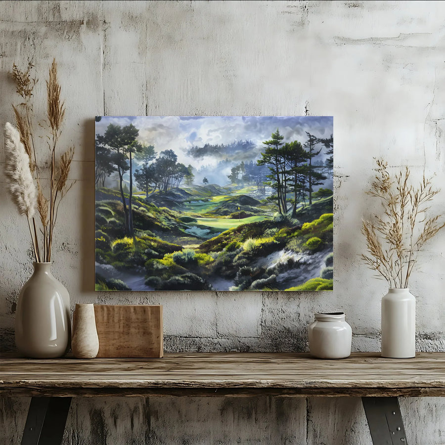 Golf Course Canvas Wall Art | Misty Forest Golf Landscape Painting | Premium Gallery Wrapped Canvas | Gift for Golfer, Man Cave Decor
