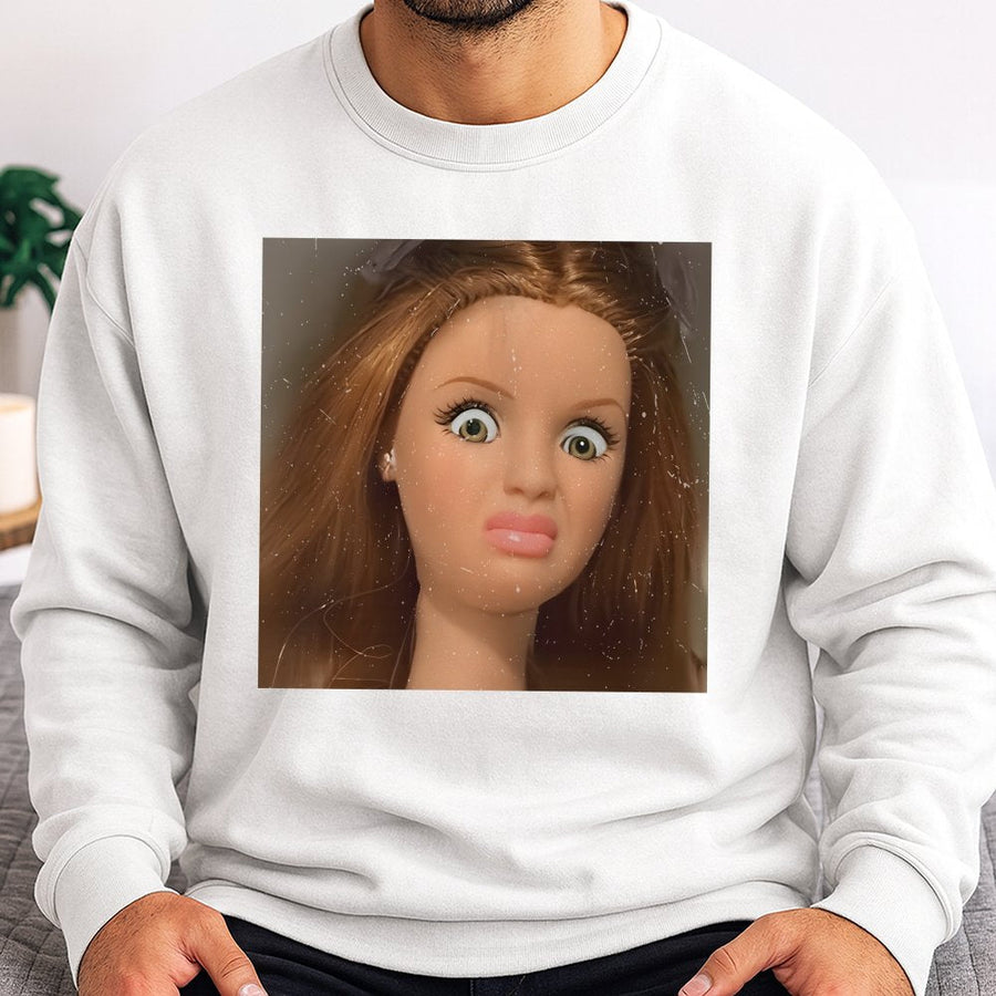 Shocked Doll Meme Sweatshirt | Funny Facial Expression Graphic | Premium Cotton Blend Crewneck | Sarcastic Humor Gift for Friends