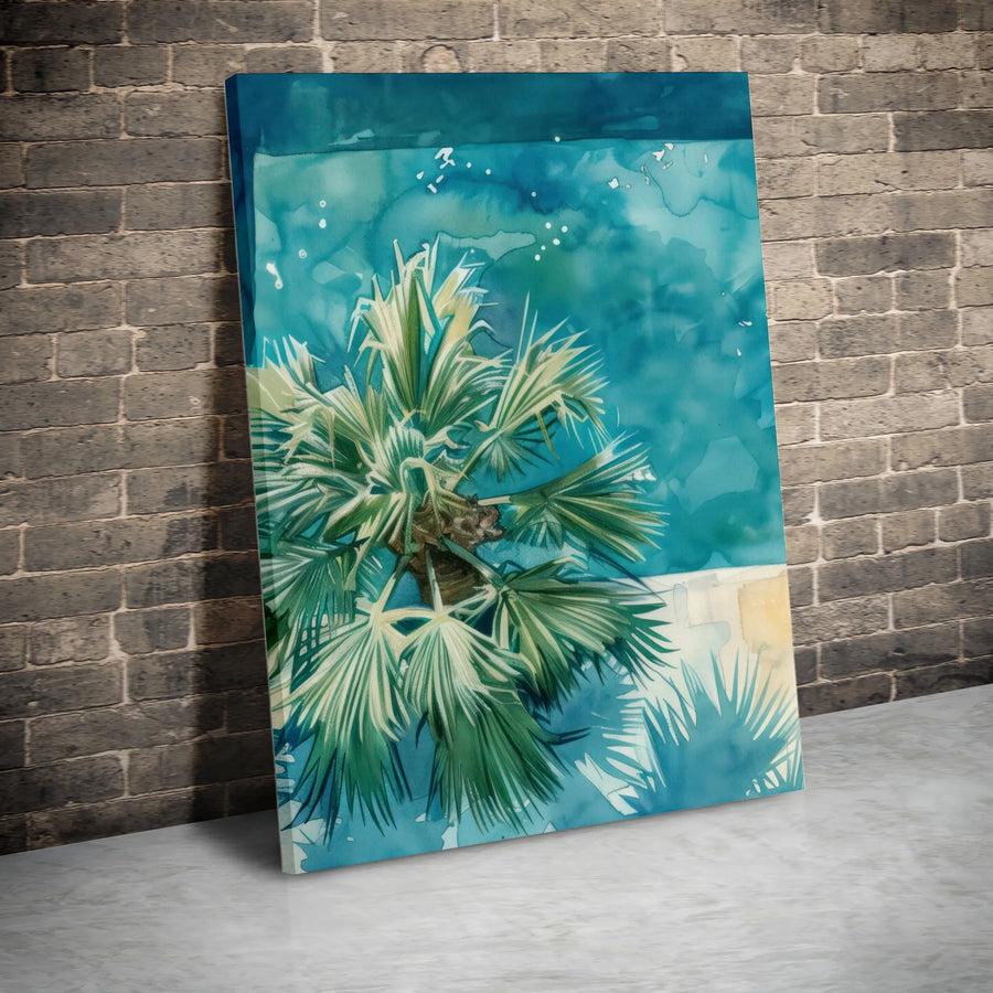 Teal Palm Tree Wall Art | Watercolor Coastal Tropical Decor | 1.25-Inch Premium Gallery Canvas | Beach House Living Room Decor Gift