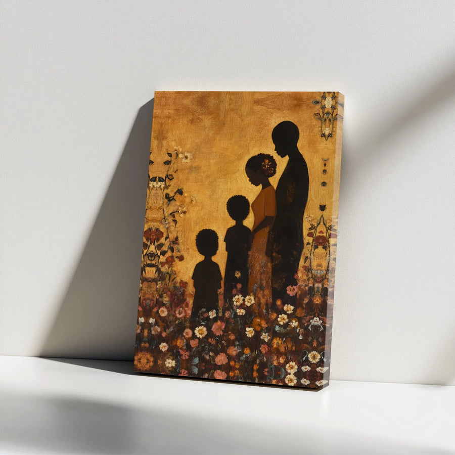 Black Family Art Canvas Print | Family Silhouette in Floral Garden | Premium Gallery Wrapped Canvas | Afrocentric Home Decor Gift