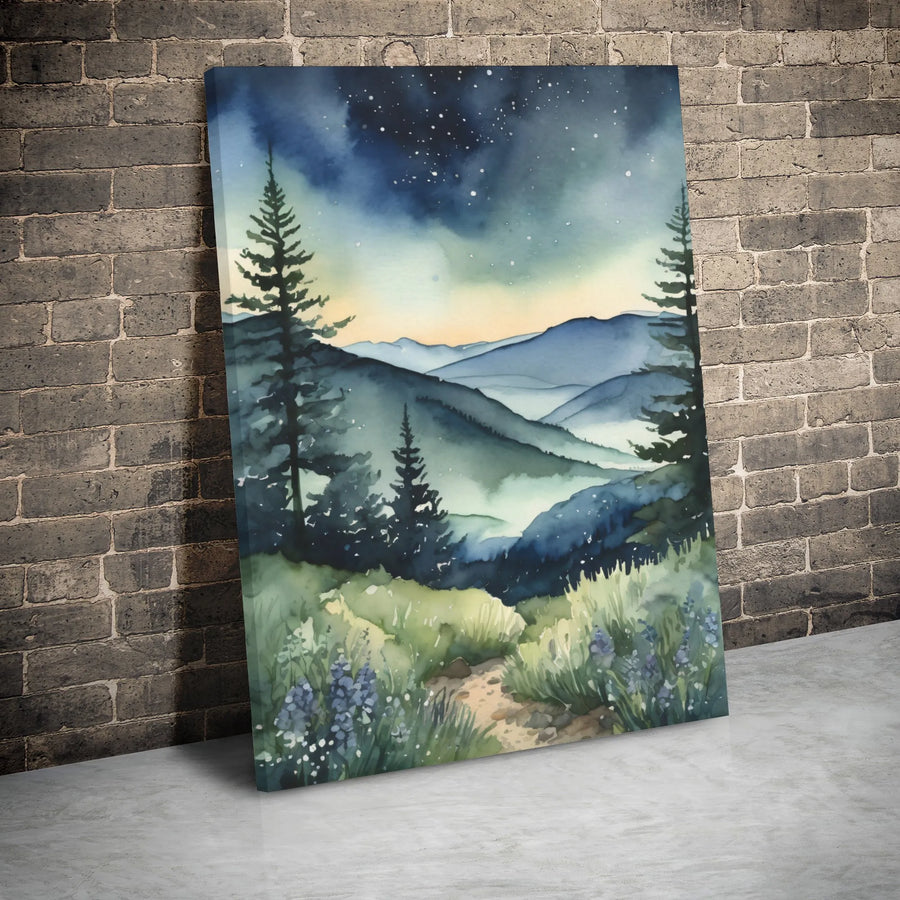 Misty Mountain Canvas Wall Art | Watercolor Forest Night Sky Landscape | Premium Gallery Wrap Print | Nature Lover Home Decor Gift