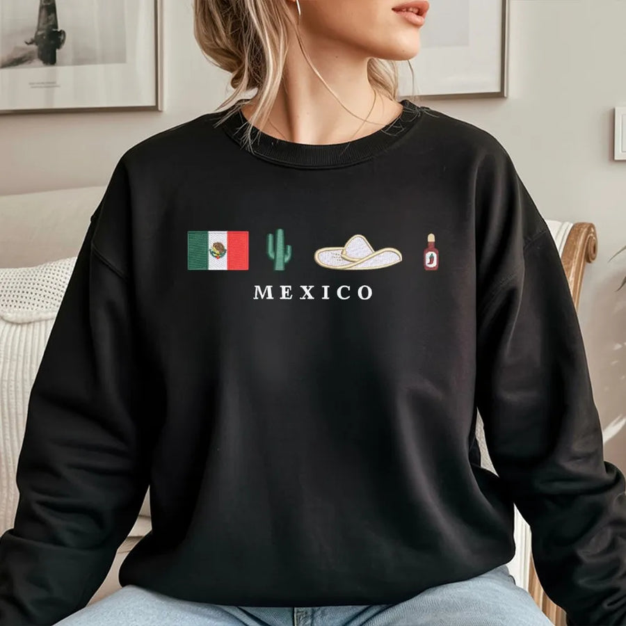Mexico Flag Sweatshirt | Cultural Cactus Sombrero Print | Premium Cotton Blend Crewneck | Mexican Heritage Gift For Her Him