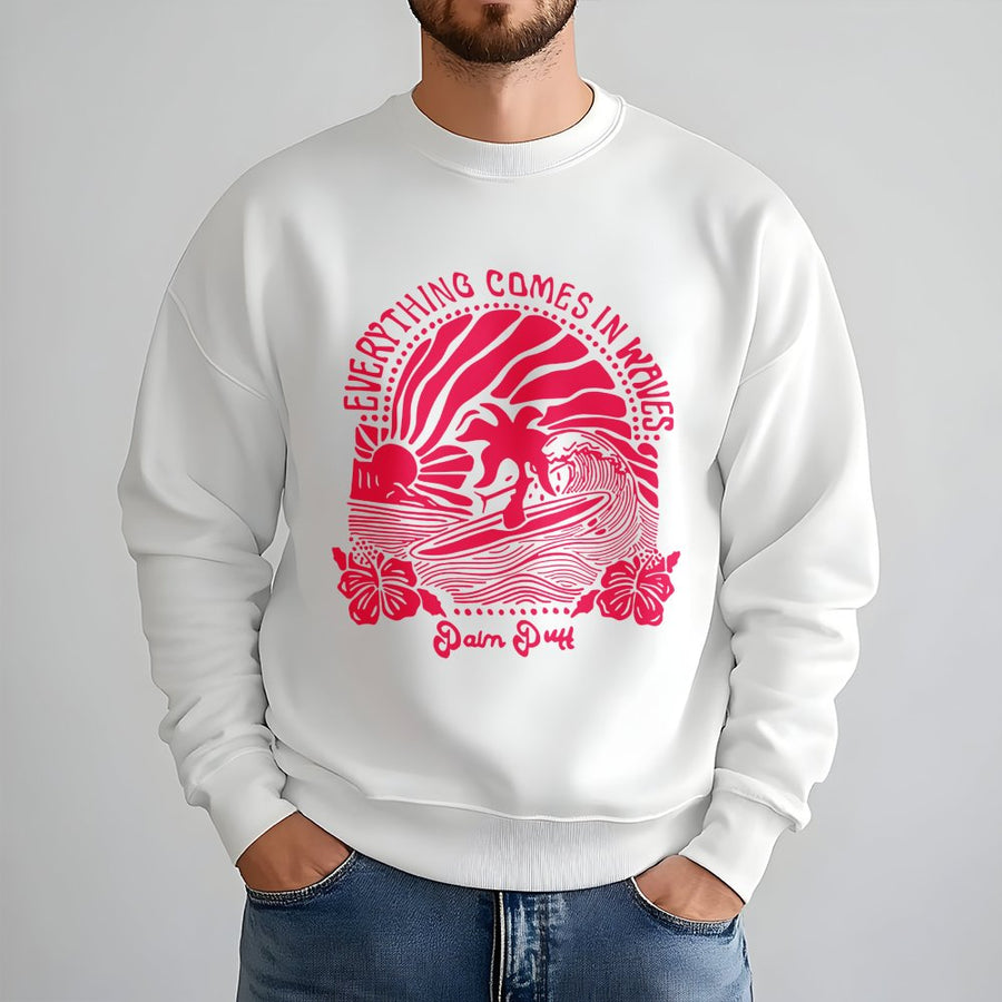 Surfing Graphic Sweatshirt | Everything Comes In Waves Retro Design | Premium Cotton Blend | Gift For Surfers And Beach Lovers