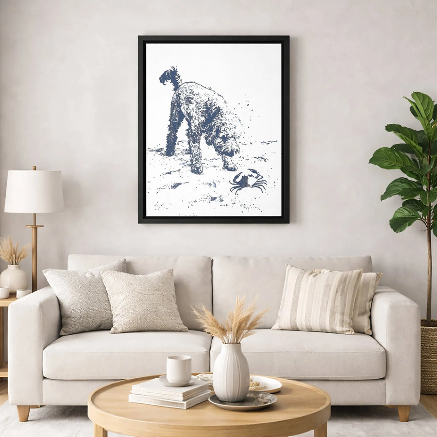 Goldendoodle Dog Canvas Art | Beach Day Crab Sketch Print | Premium Gallery Wrap Wall Decor | Coastal Dog Lover Gift
