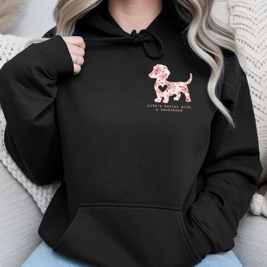 Dachshund Hoodie | Floral Doxie Mom Graphic | Premium Cotton Blend Sweatshirt | Cute Dog Lover Gift For Women