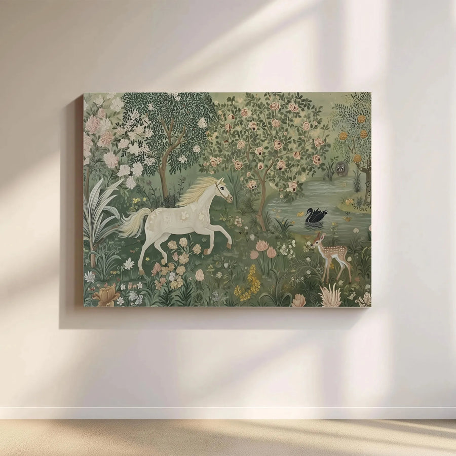 Enchanted Forest Canvas Wall Art | White Horse and Fawn Whimsical Decor | Premium Gallery Wrap Print | Nature-Inspired Home Gift for Her