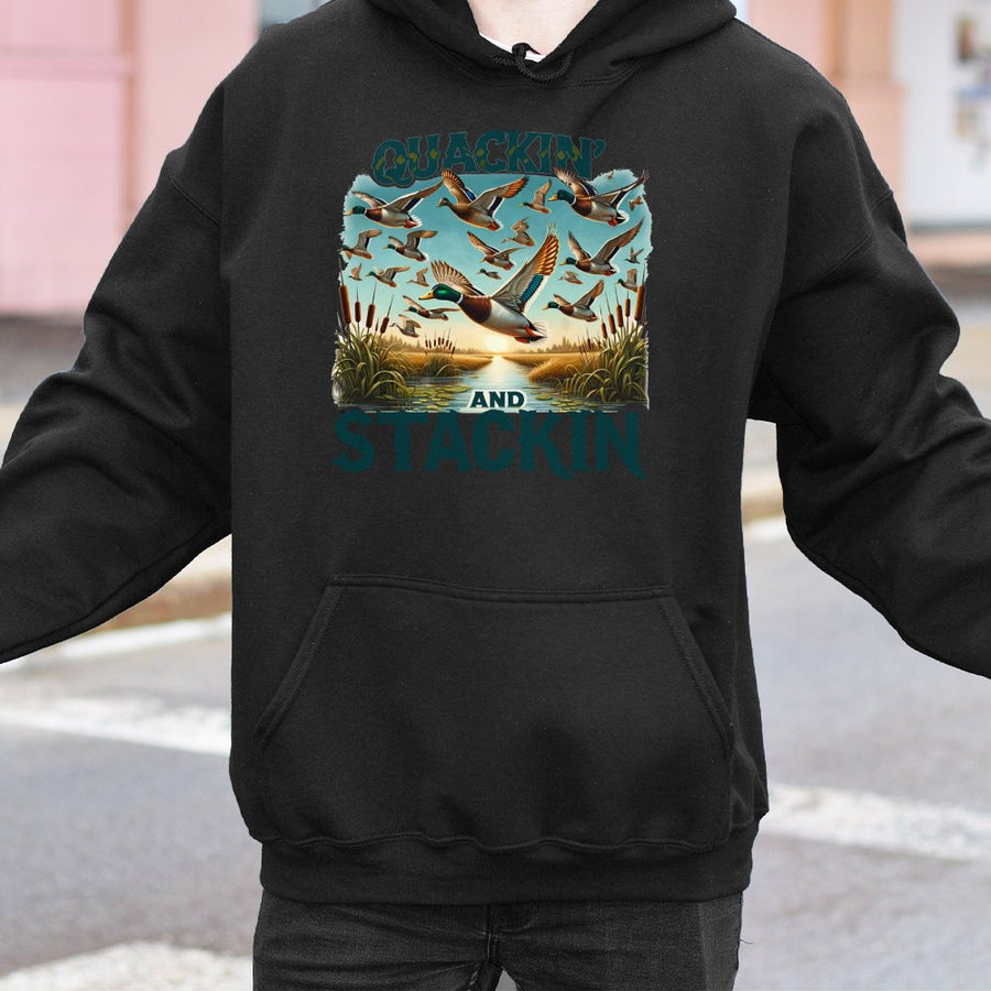 Quackin And Stackin Duck Hunting Hoodie | Retro Mallard Flock Graphic | Premium Cotton Blend | Gift For Hunters And Waterfowl Enthusiasts