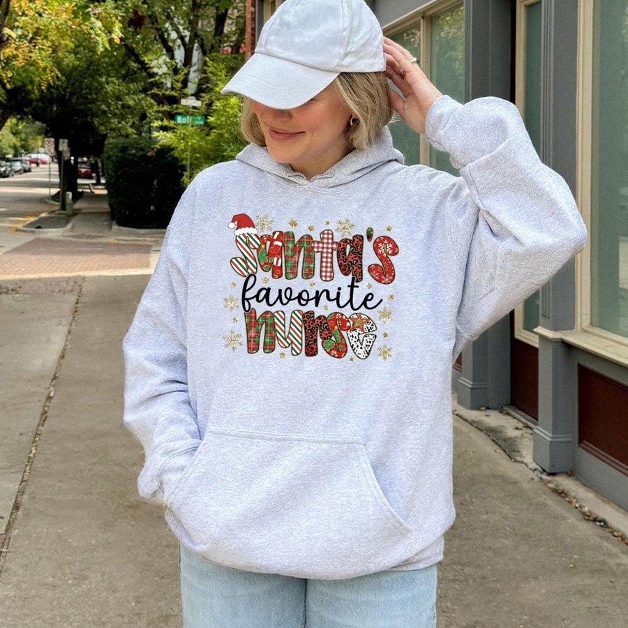 Santa’s Favorite Nurse Hoodie | Christmas Plaid Graphic Sweatshirt | Cotton-Blend Premium Quality | Festive Holiday Gift for Nursing Staff