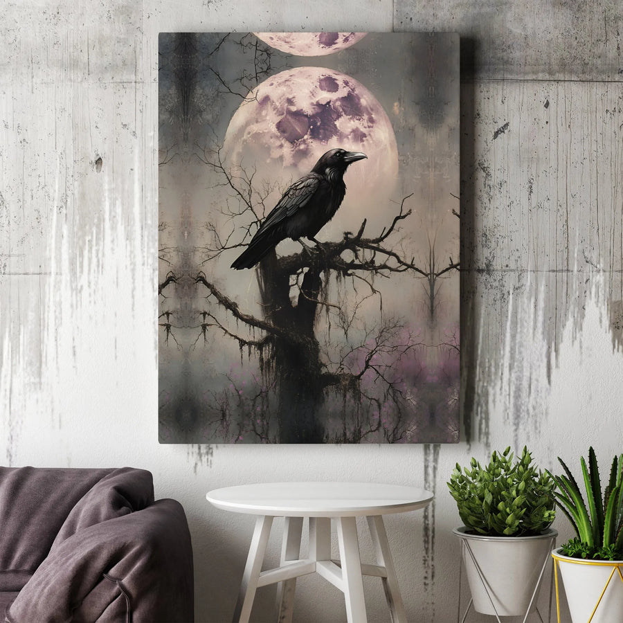 Gothic Raven Wall Art | Spooky Full Moon Forest Landscape | Premium 1.25-Inch Gallery Canvas | Dark Academia Home Decor Gift