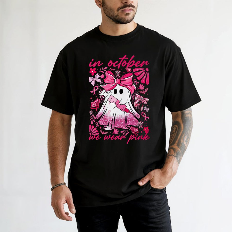 In October We Wear Pink Ghost T-Shirt | Coquette Breast Cancer Awareness Design | Soft Cotton Nursing Gift | Cute Spooky Halloween Apparel For Women