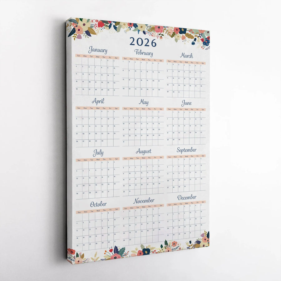 2026 Year At A Glance Calendar Canvas | Floral Botanical Art Print | Premium 1.25 Inch Gallery Wrap | Wall Decor Gift for Office and Home
