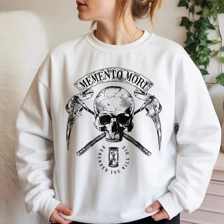 Memento Mori Sweatshirt | Gothic Skull Hourglass Graphic | Premium Cotton Blend Crewneck | Unisex Stoic Philosophy Gift for Men and Women