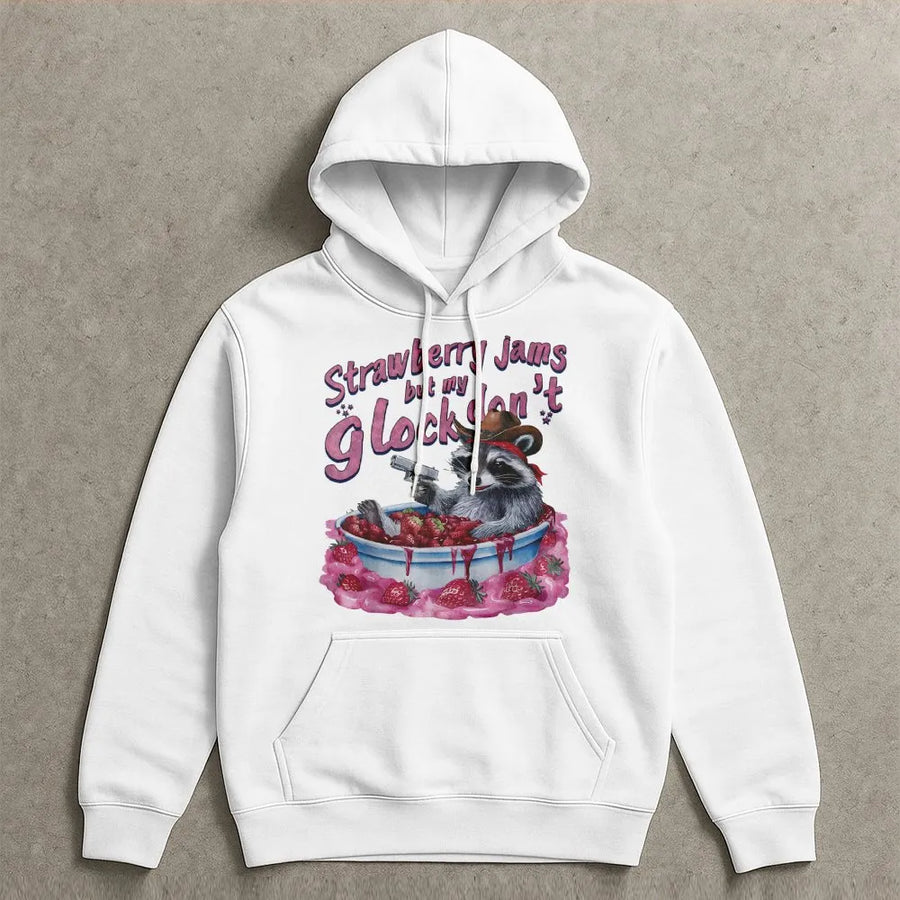 Funny Cowboy Raccoon Hoodie | Strawberry Jams Glock Meme Graphic | Premium Cotton Blend Streetwear | Unique Gift For Raccoon Lovers And Men Women